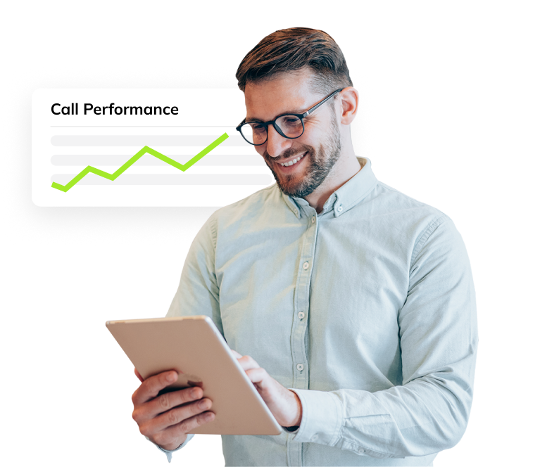 Smiling man with a tablet, background charts for call performance, and an ascending bar graph.