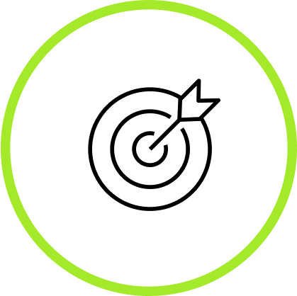 A circular icon with a lime green border  displaying an arrow hitting a target.