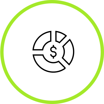 A circular icon with a lime green border  displaying a pie chart with a dollar sign in the middle.