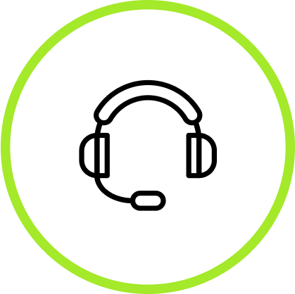 A circular icon with a lime green border displaying a phone headset.