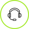 A circular icon with a lime green border displaying a phone headset.