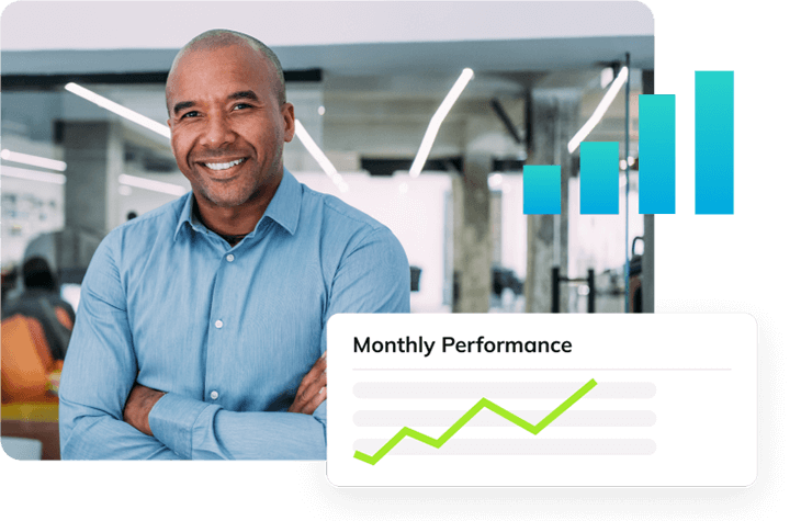 Smiling man with crossed arms, and a monthly performance chart showing an upward trend in the background.
