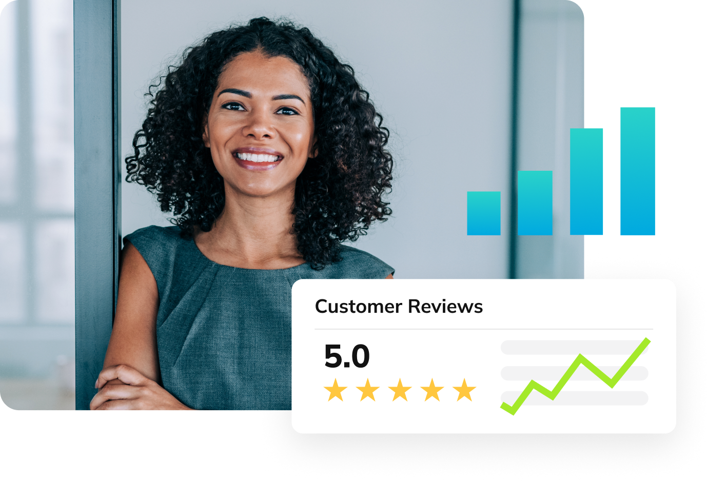 Smiling insurance agent with foreground chart displaying Customer Reviews with a five-star rating.